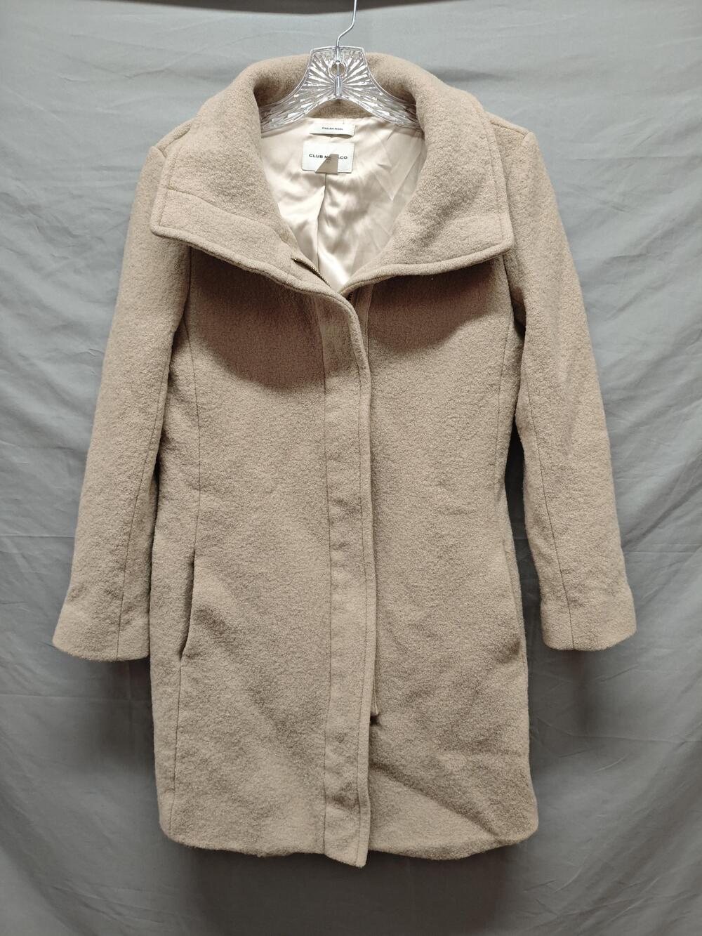 Club Monaco Coat Womens Large Camel Beige Italian Wool Funnel Collar Zip Lined